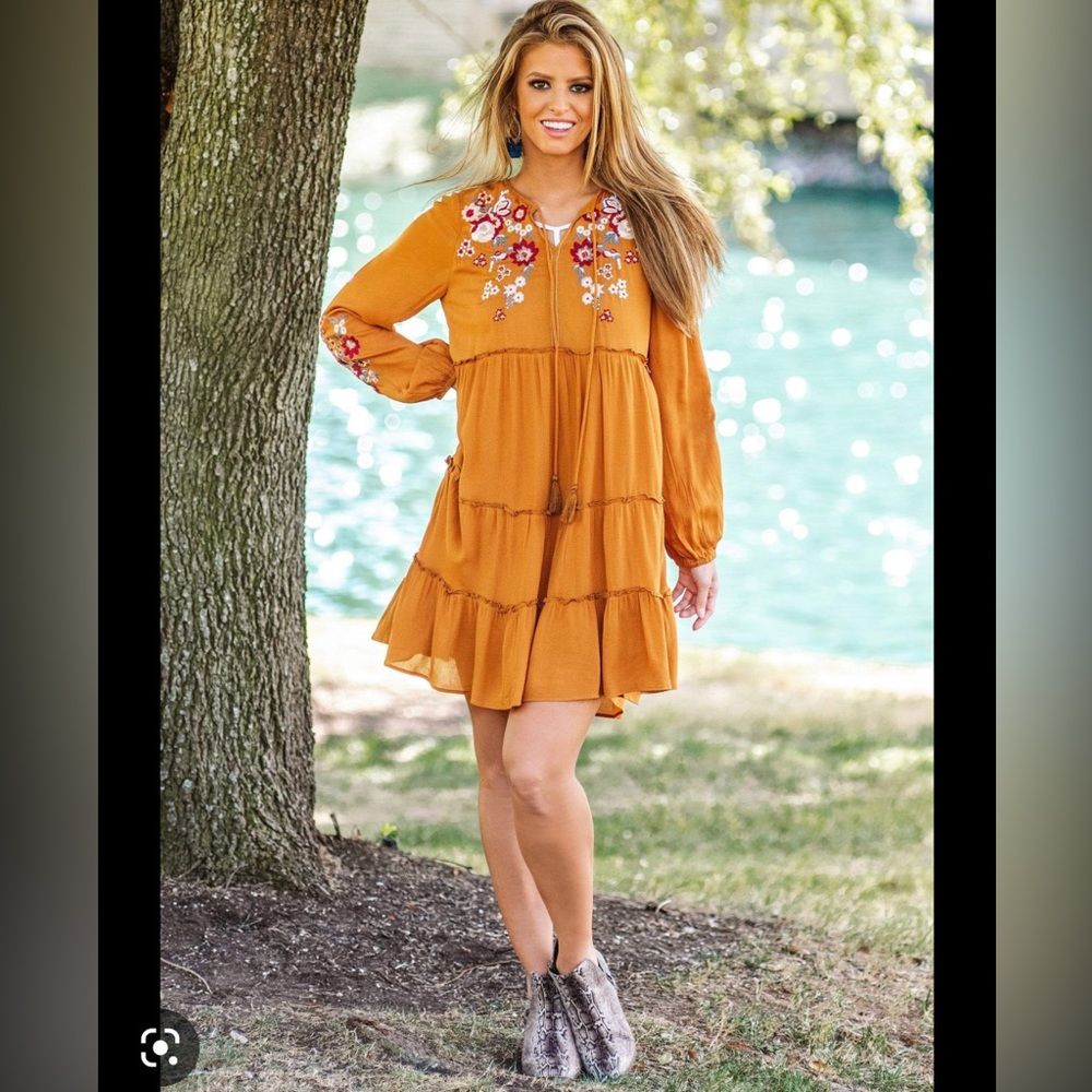 NWOT! Glitzy Girlz 3x mustard long sleeve embroidered dress